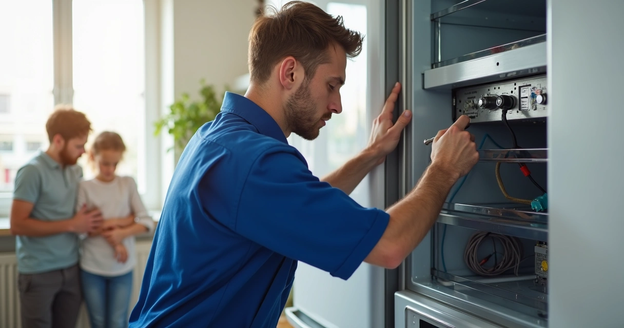 Técnico consertando geladeira com ferramentas na cozinha 
