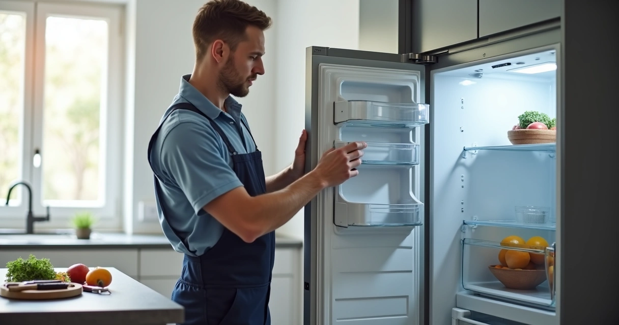 Técnico examinando geladeira em residência 