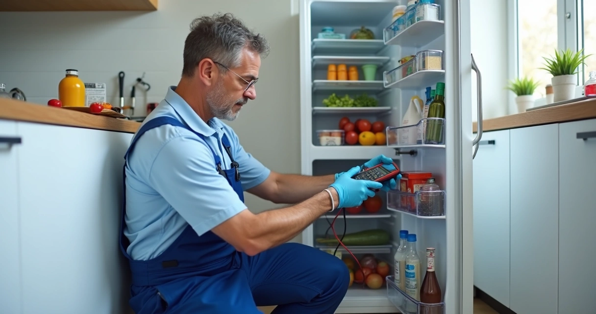 Técnico consertando geladeira doméstica aberta 
