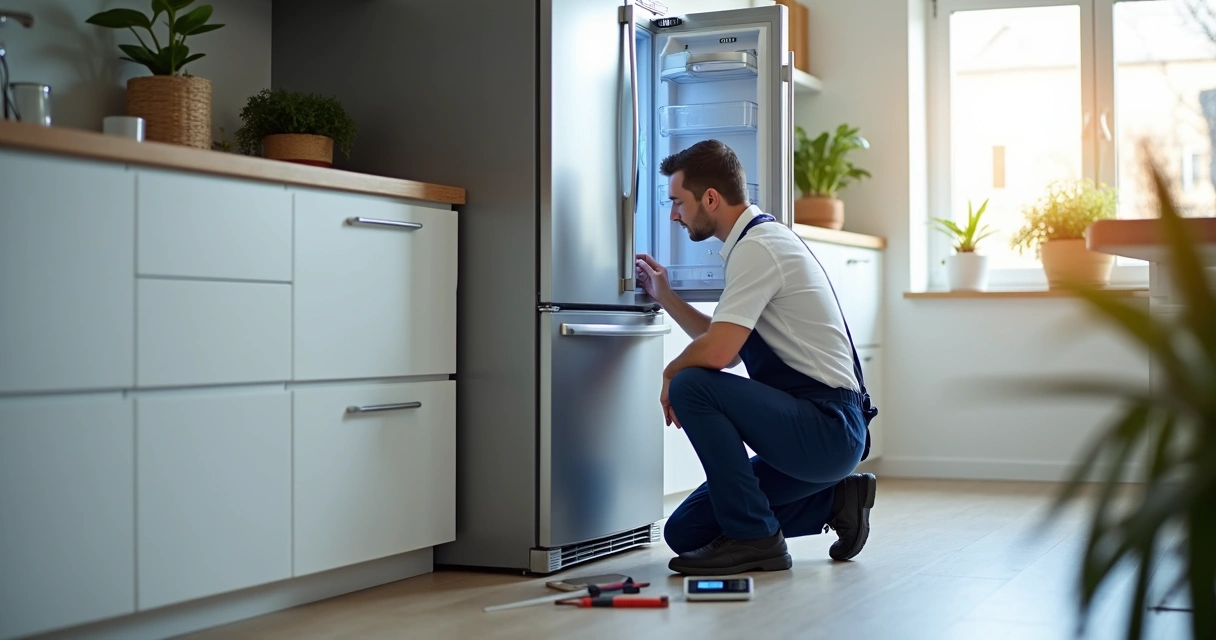 Técnico trabalhando na manutenção de uma geladeira Electrolux aberta 