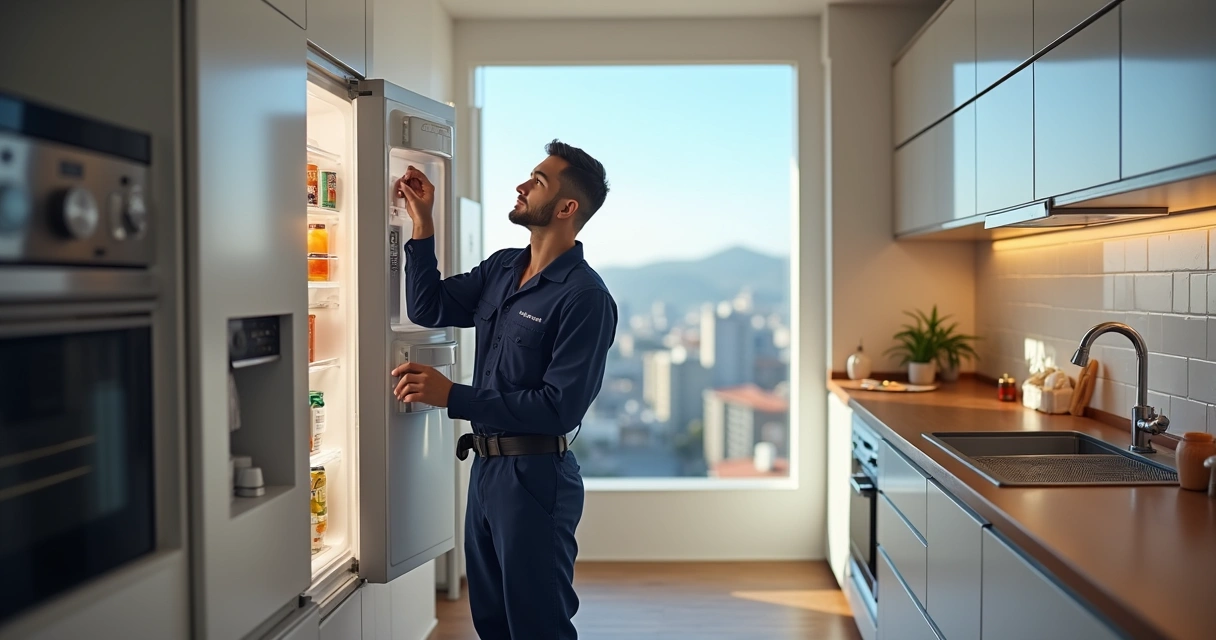 Técnico de assistência consertando geladeira em cozinha residencial moderna no Rio de Janeiro 