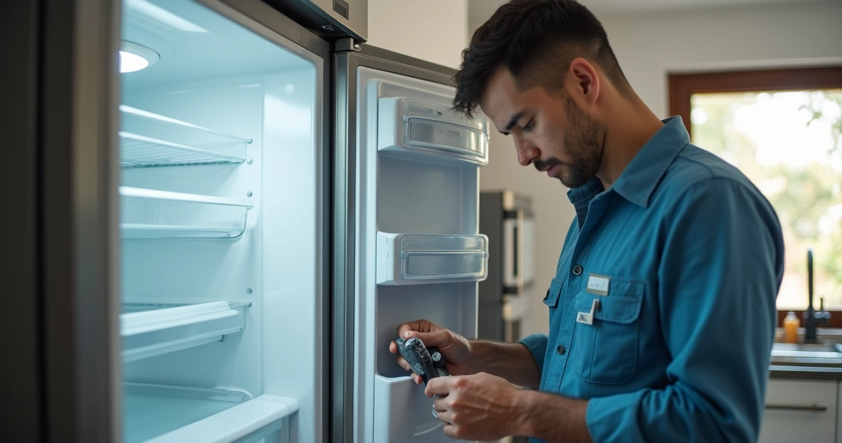 Técnico faz manutenção em geladeira em ambiente doméstico 
