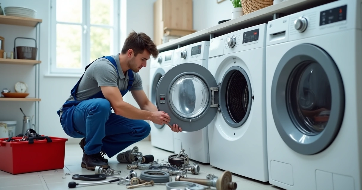 Técnico consertando lavadora com caixa de ferramentas ao lado 