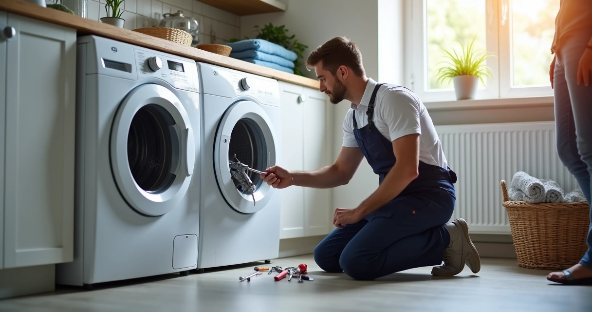 Técnico consertando máquina de lavar na lavanderia