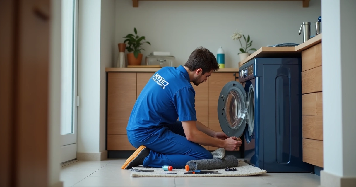 Técnico uniformizado consertando máquina de lavar em casa do cliente 