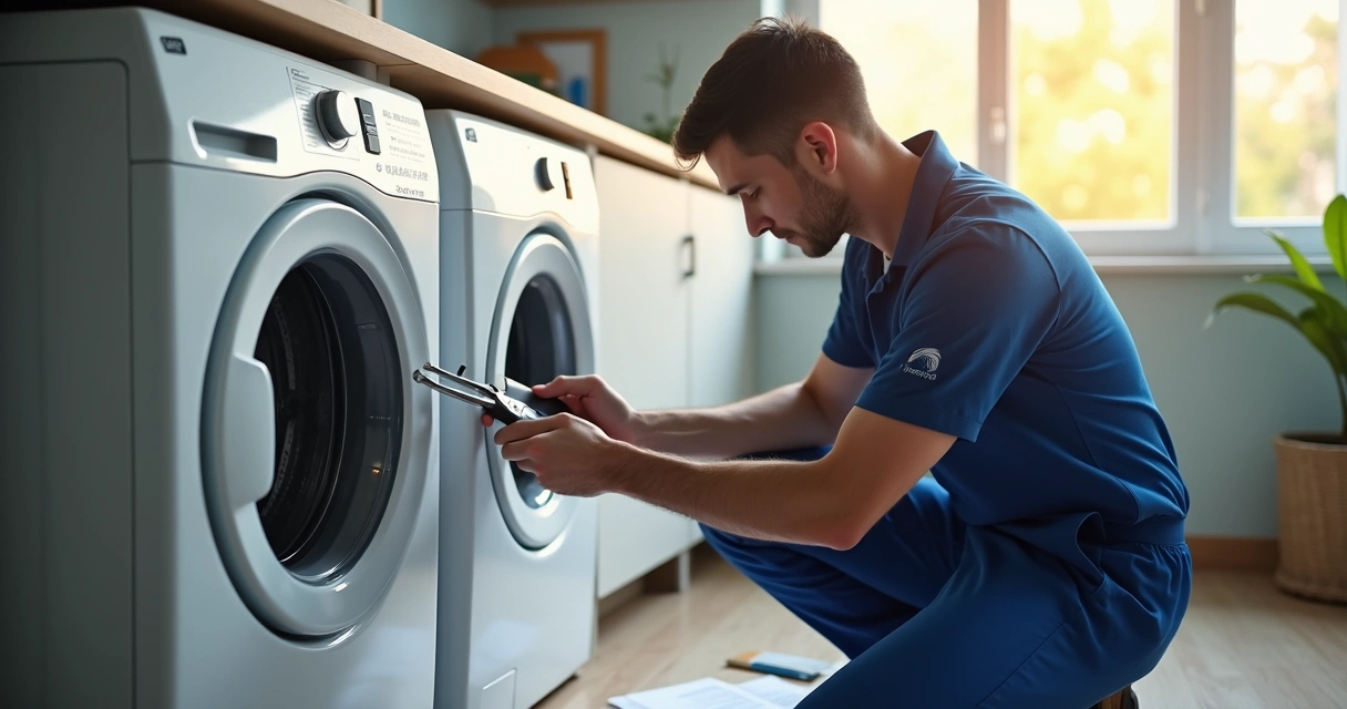Técnico uniformizado consertando máquina de lavar em lavanderia residencial 