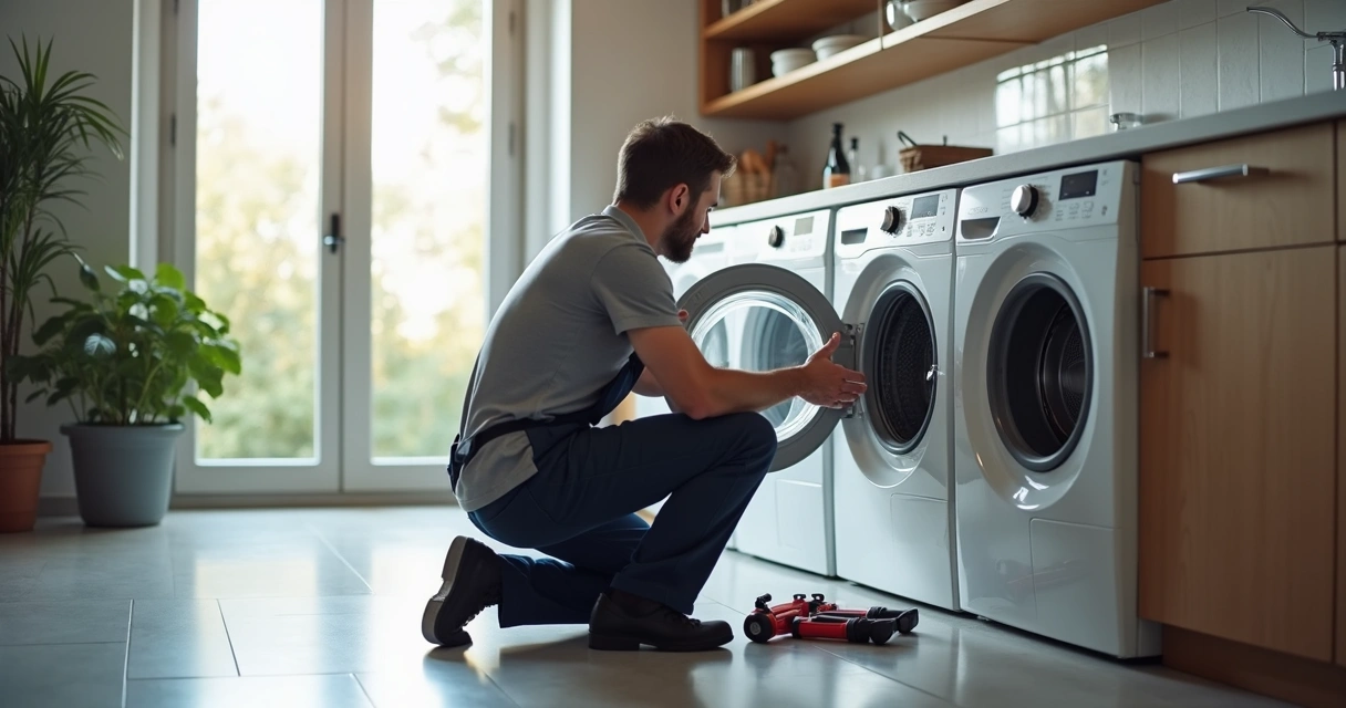 Técnico consertando máquina de lavar roupas em ambiente residencial 