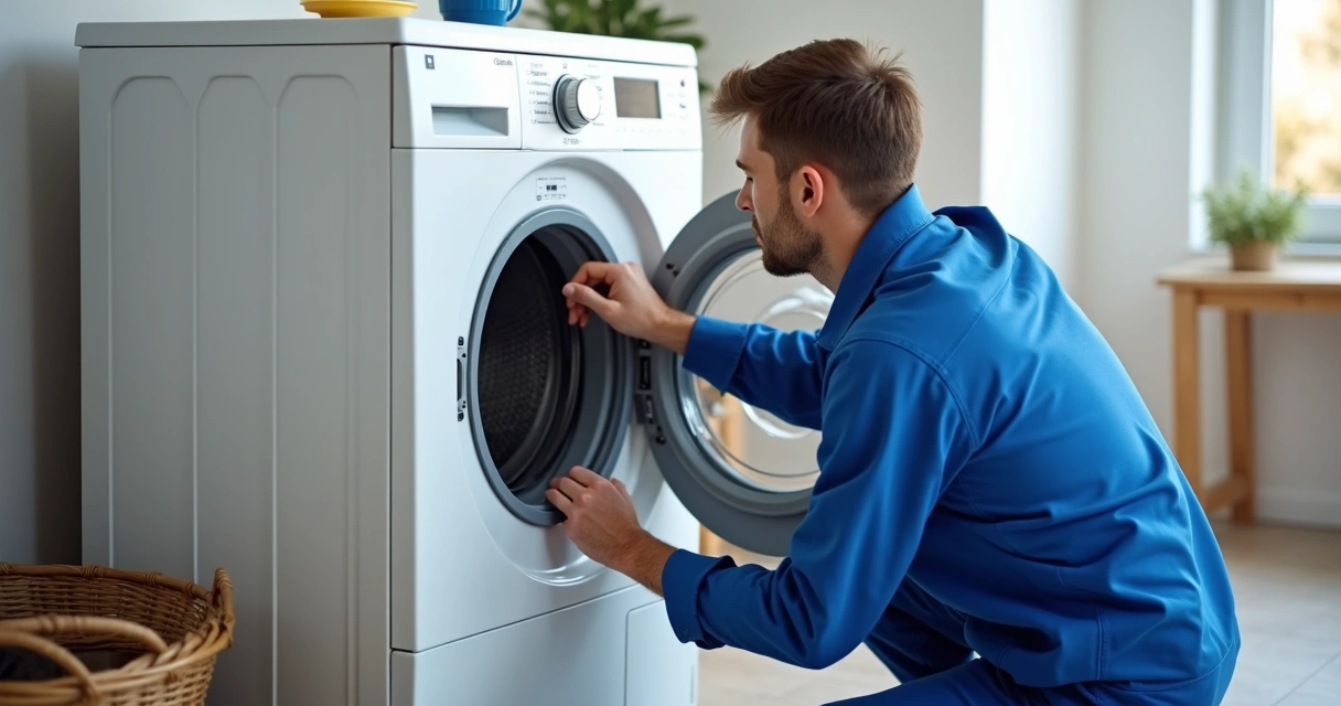 Técnico uniformizado arrumando máquina de lavar aberta