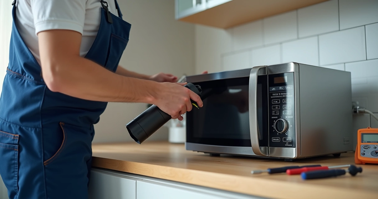 Técnico ajustando painel aberto de micro-ondas sobre bancada de cozinha 