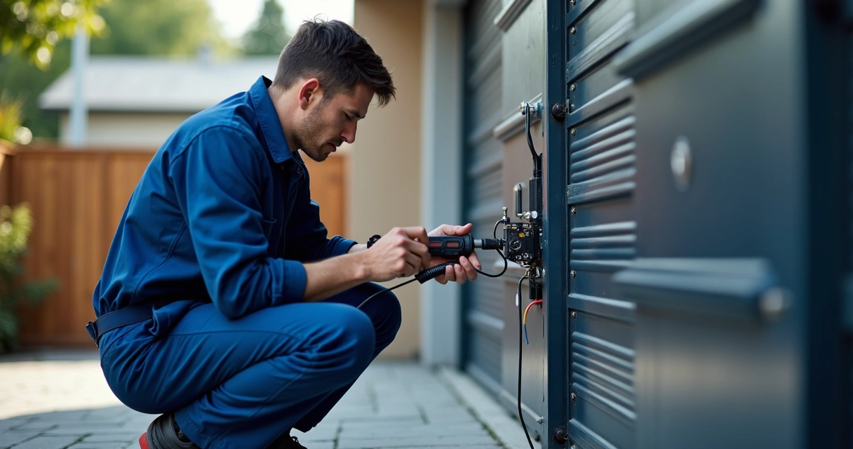 Técnico concertando mecanismo de portão eletrônico 