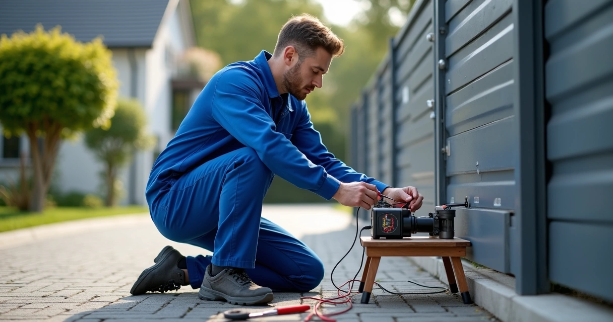 Técnico consertando motor e controle de portão eletrônico com ferramentas e equipamentos 