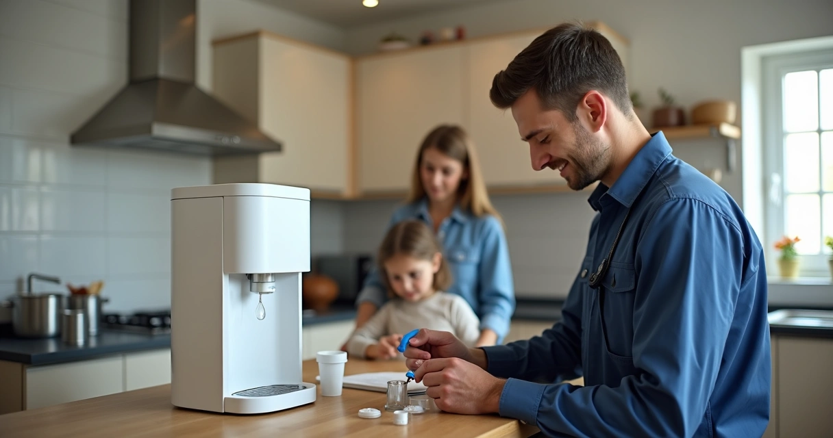 Técnico arrumando purificador de água em cozinha. 