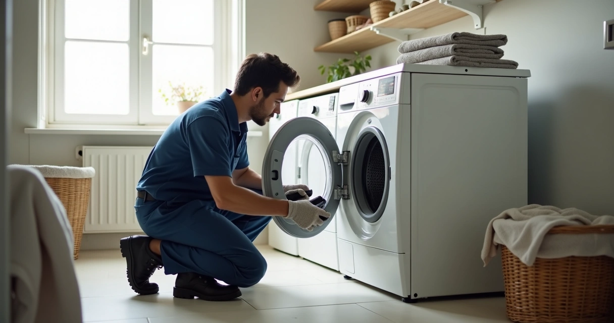 Técnico avaliando máquina de lavar na lavanderia de uma casa