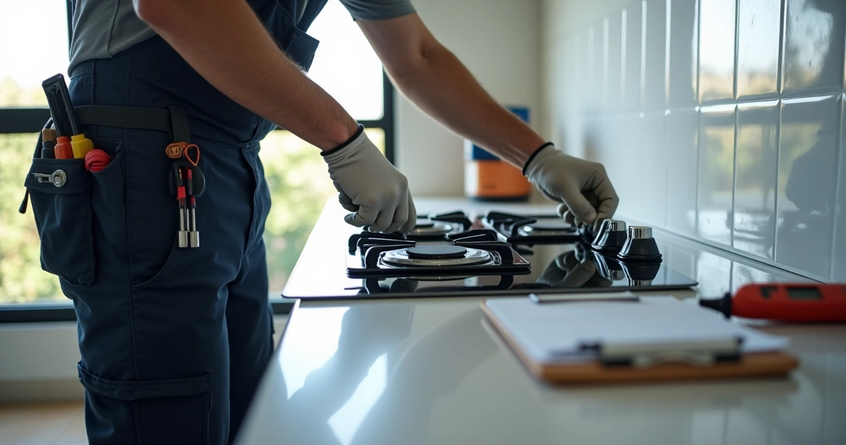 Técnico ajustando queimador de fogão cooktop em cozinha moderna 