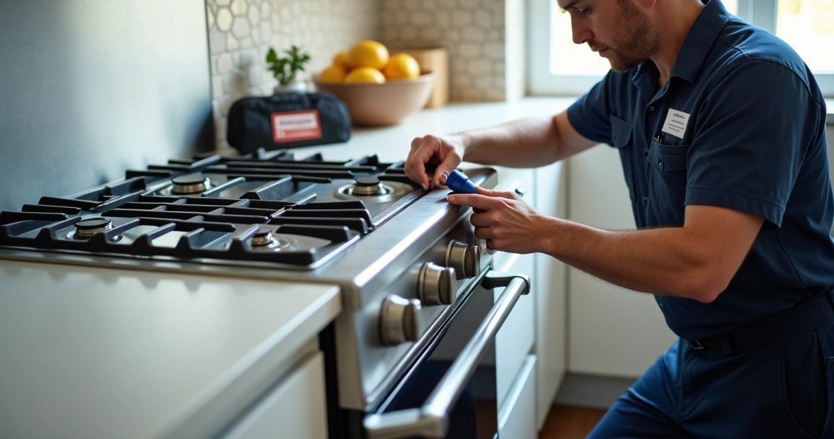Técnico verificando queimador de fogão em cozinha residencial moderna 