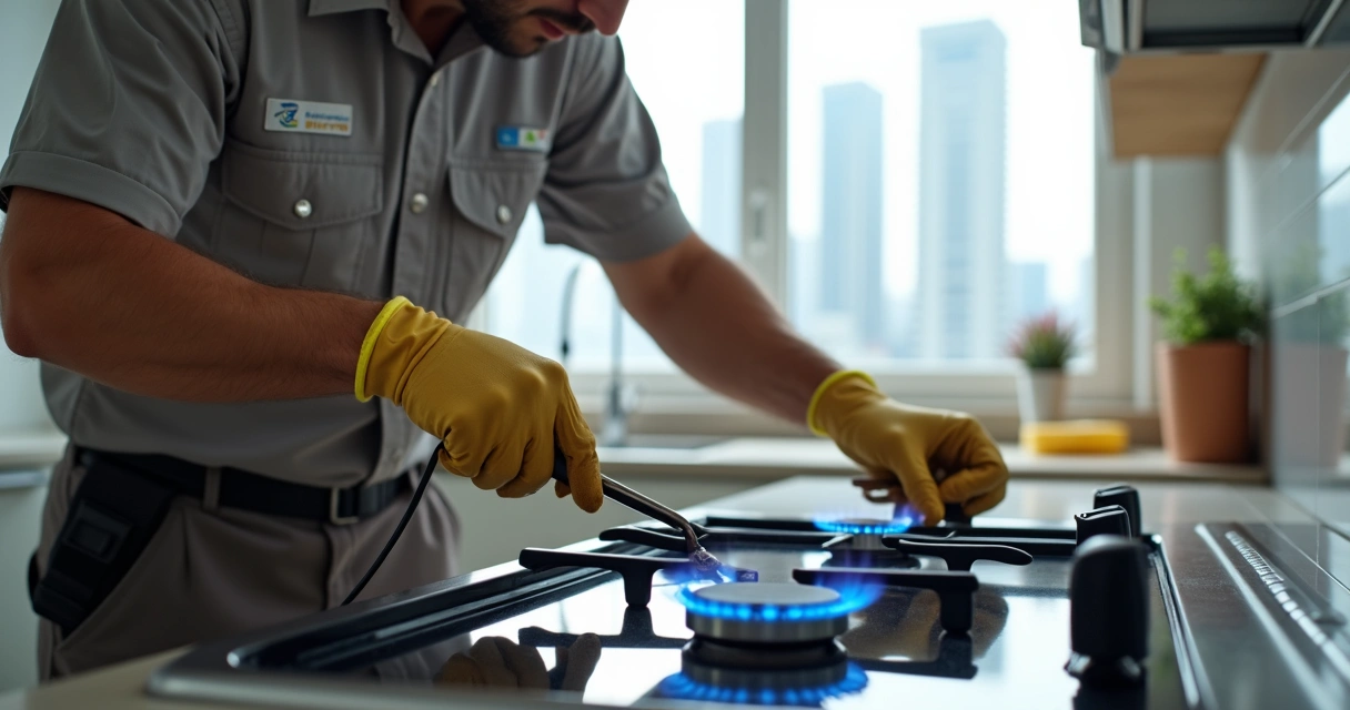 Técnico ajustando queimador de fogão em cozinha residencial moderna 