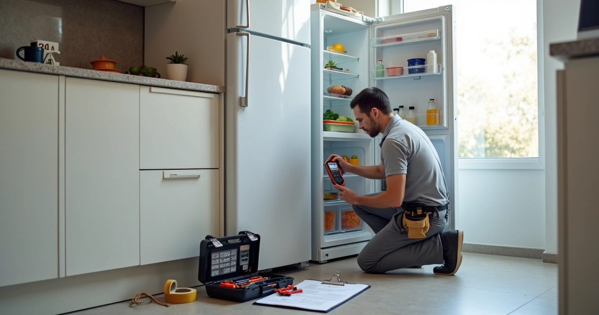Técnico ajustando geladeira Brastemp aberta na cozinha do cliente 
