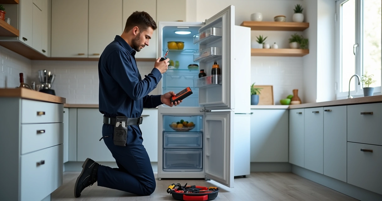 Técnico examinando geladeira aberta em cozinha moderna 