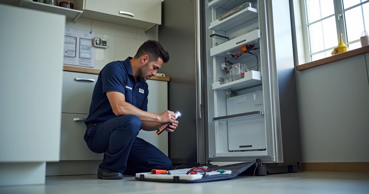 Técnico ajustando geladeira na cozinha do cliente durante conserto em domicílio 