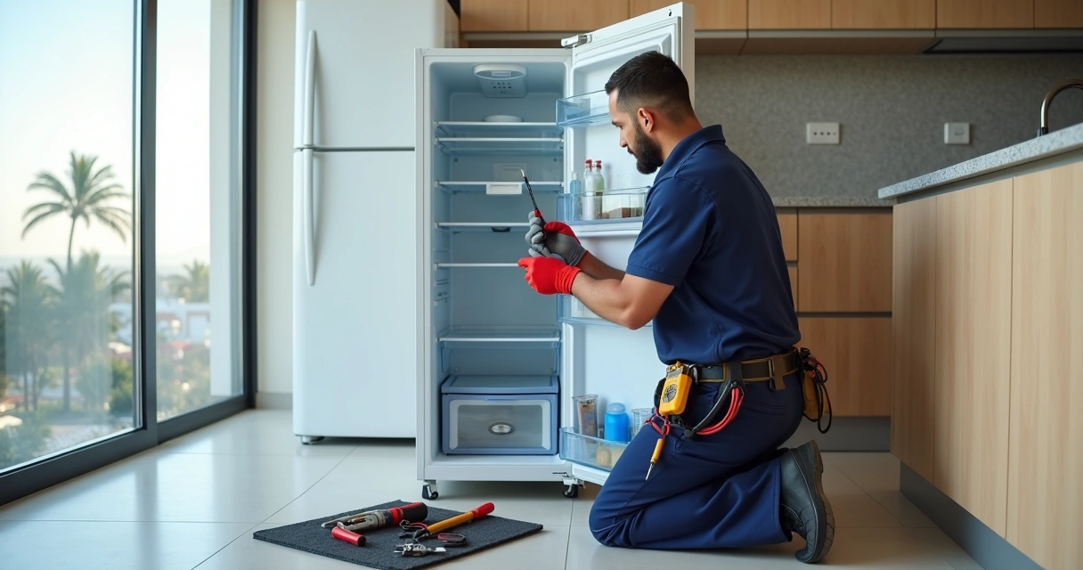 Técnico ajustando geladeira em cozinha moderna de apartamento em Ipanema 