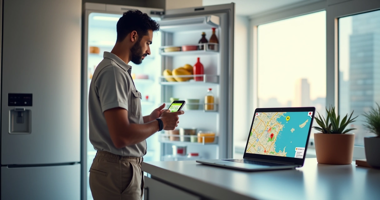 Técnico de geladeira consultando rota em mapa digital na cozinha do cliente 