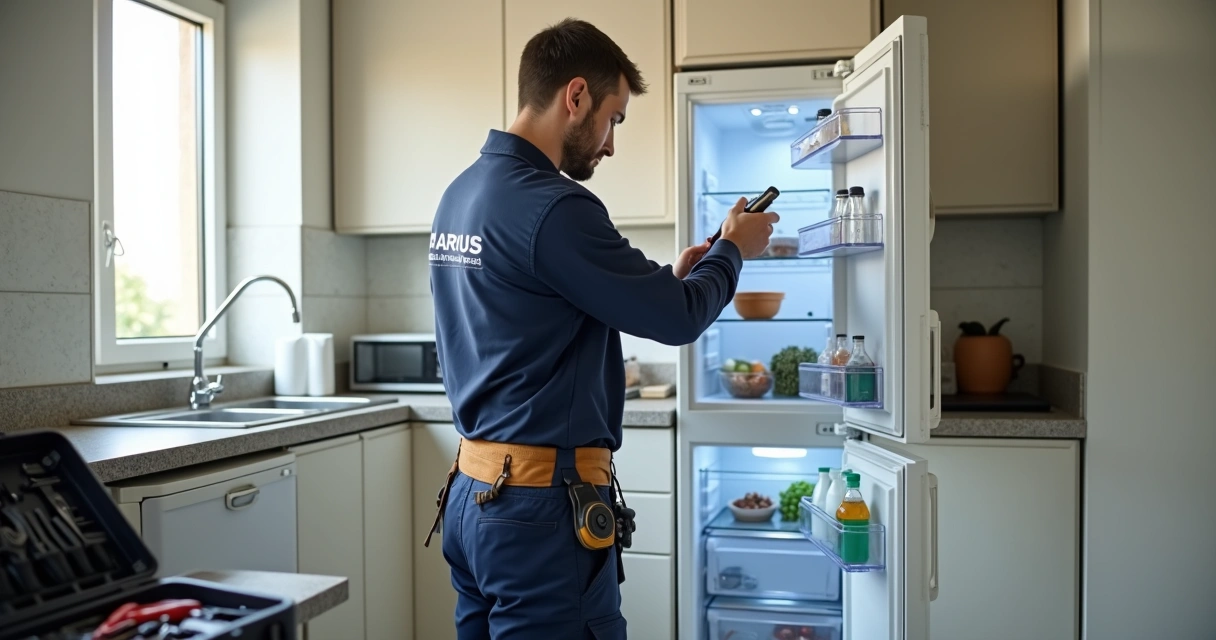 Técnico ajustando geladeira em cozinha moderna durante atendimento em domicílio 