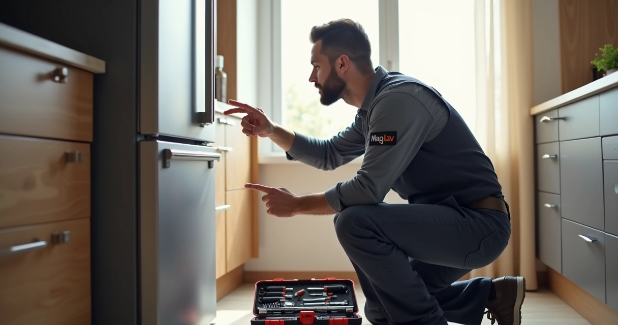 Técnico consertando geladeira na casa do cliente 