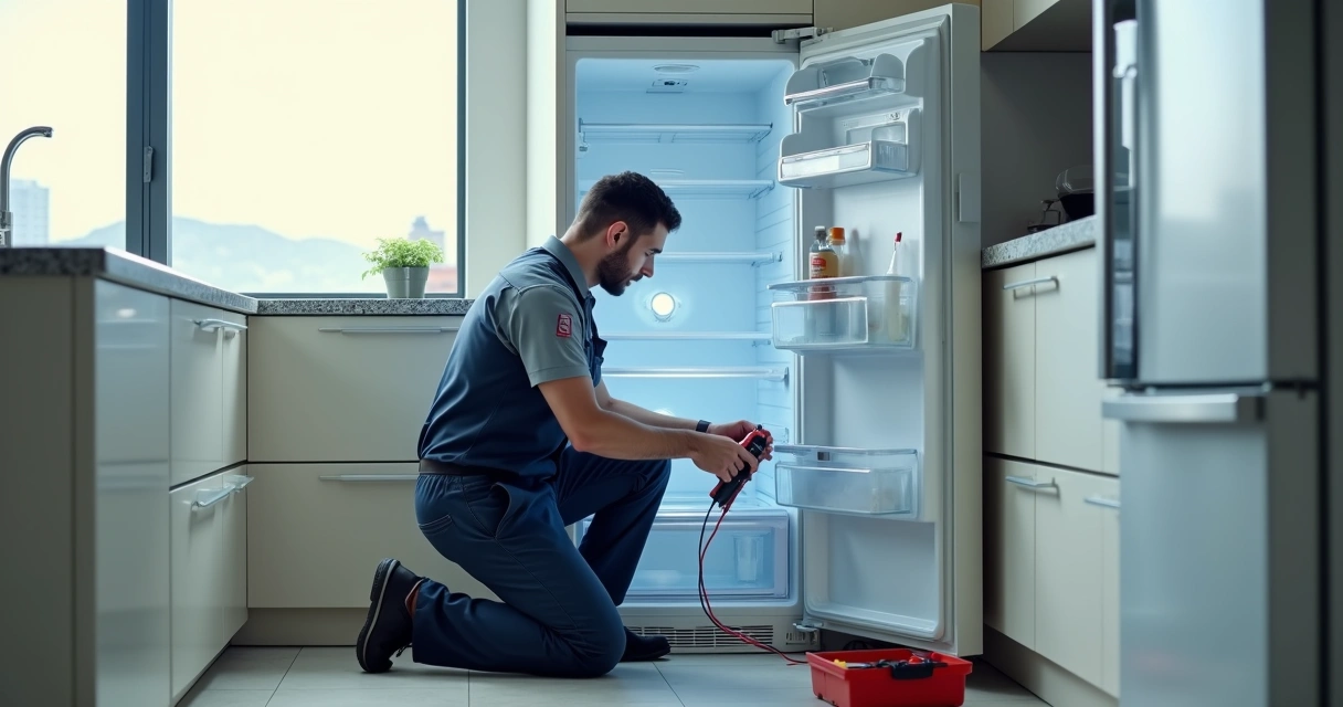 Técnico de assistência consertando geladeira em cozinha moderna no Rio de Janeiro 