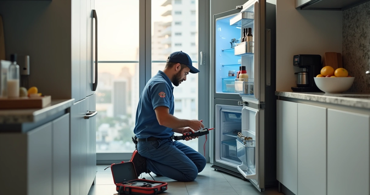 Técnico ajustando geladeira em cozinha moderna no Rio de Janeiro 