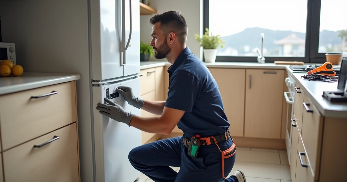 Técnico ajustando painel interno de geladeira em cozinha no Rio de Janeiro 