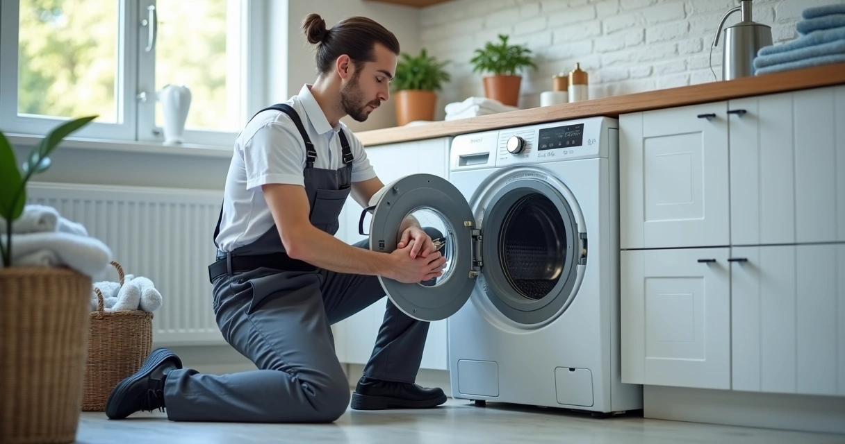 Técnico avaliando máquina de lavar em lavanderia doméstica 