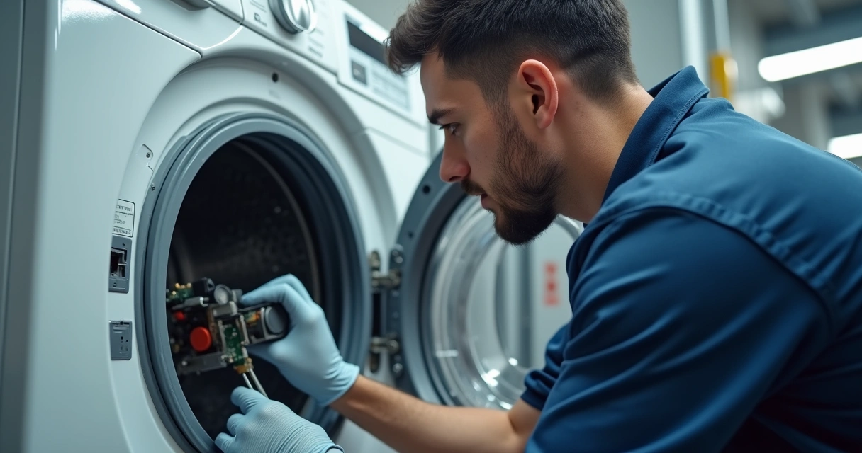 Técnico faz manutenção em máquina de lavar aberta 