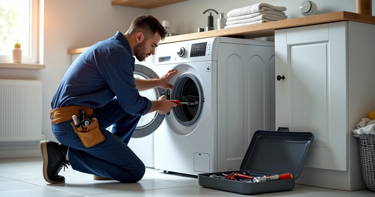 Técnico ajustando máquina de lavar em área de serviço residencial 