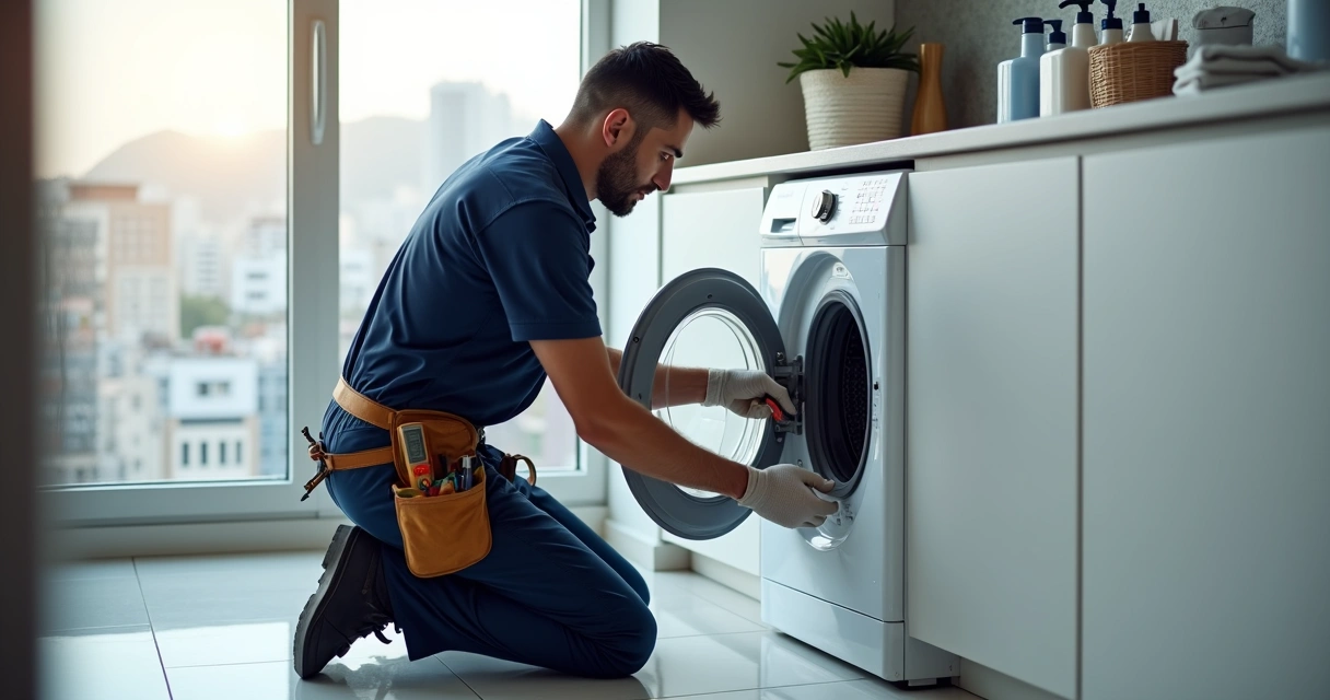 Técnico consertando máquina de lavar em apartamento no Rio de Janeiro 