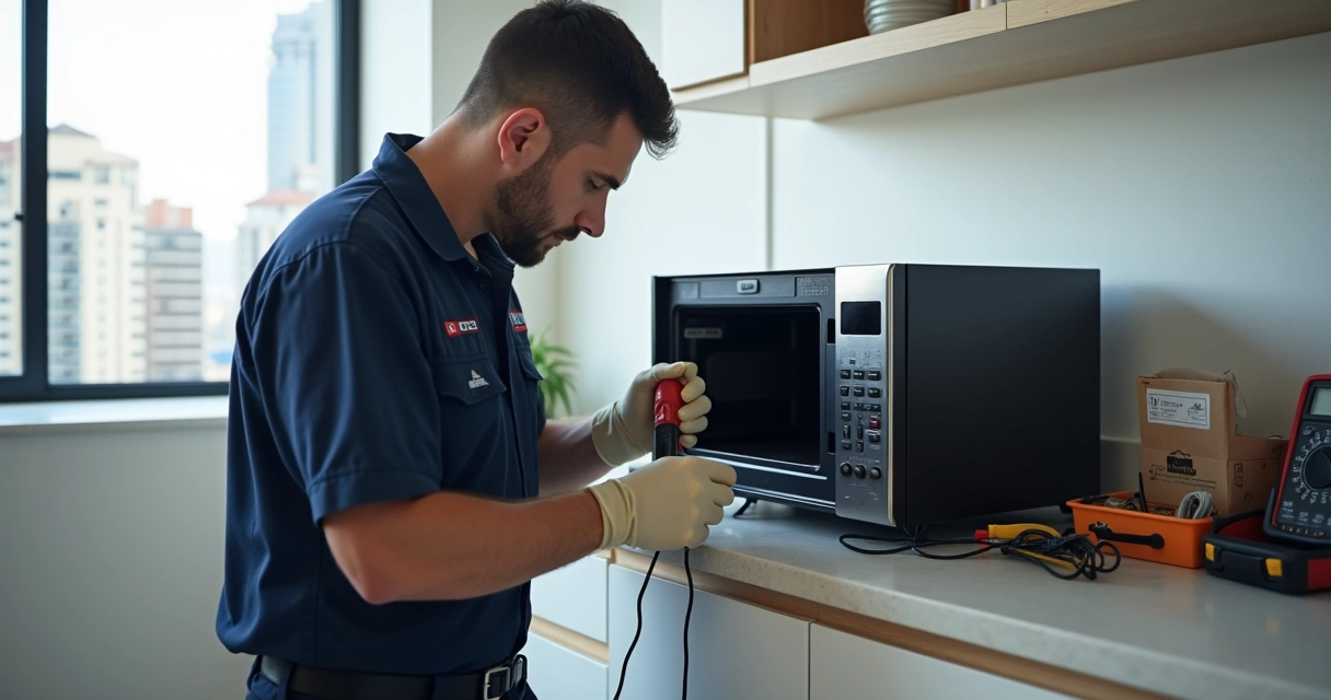 Técnico de assistência ajustando microondas em cozinha moderna no Centro do RJ 