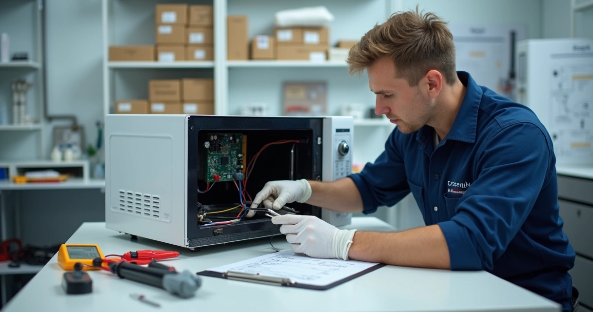 Técnico examinando micro-ondas aberto sobre bancada com ferramentas de diagnóstico 