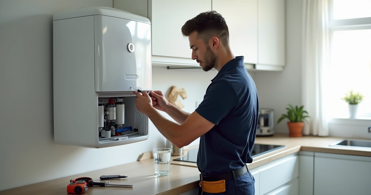 Técnico ajustando purificador de água instalado na parede da cozinha 