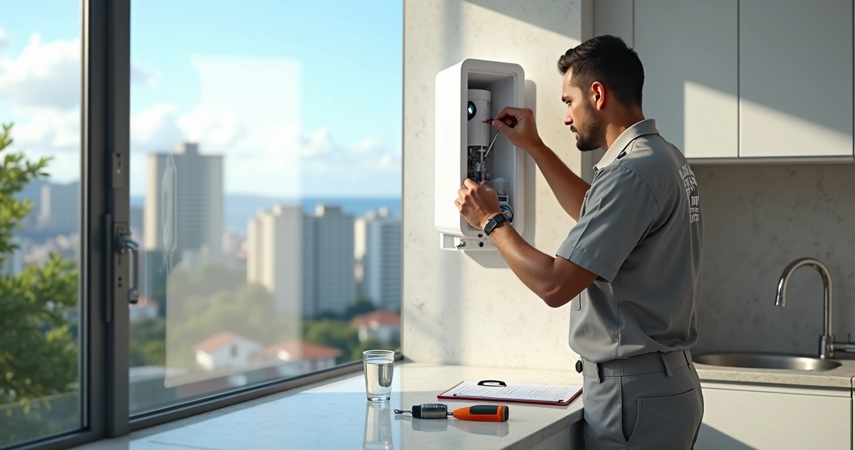 Técnico ajustando purificador de água em cozinha moderna no bairro do Flamengo 