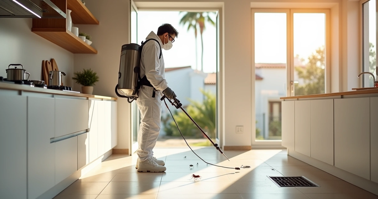 Técnico aplicando controlo de pragas em cozinha residencial no Algarve 