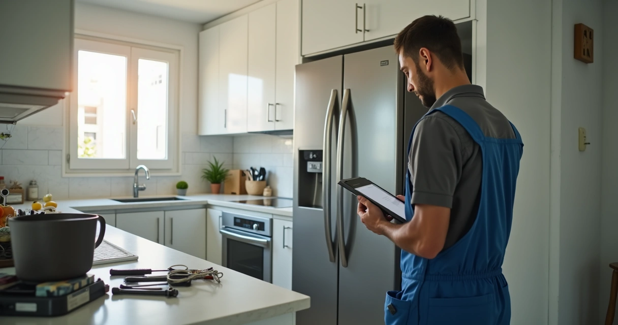 Técnico avaliando eletrodoméstico em cozinha residencial 