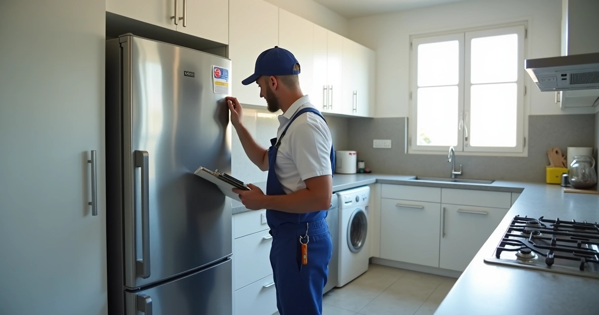 Técnico avaliando eletrodoméstico em cozinha residencial 