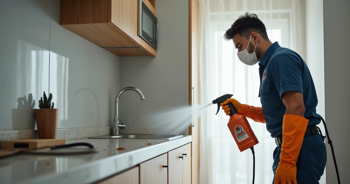 Técnico de dedetização aplicando produto químico em estrutura residencial 