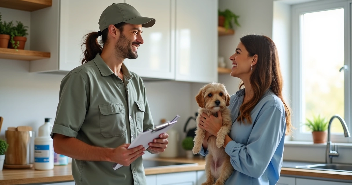 Técnico de dedetização uniformizado orientando dona de cachorro em ambiente doméstico, com produtos seguros ao fundo 