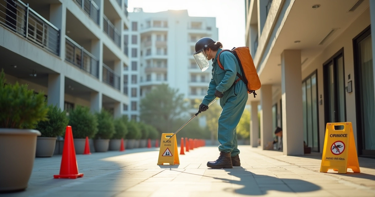 Técnico de dedetização trabalhando em condomínio 