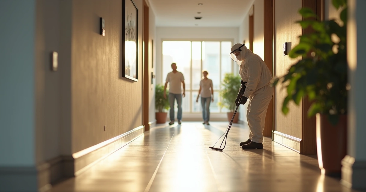 Técnico realizando dedetização em área comum de condomínio 