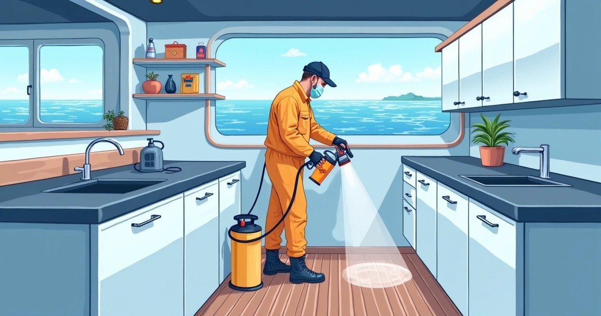 Técnico dedetizando o interior de uma lancha 