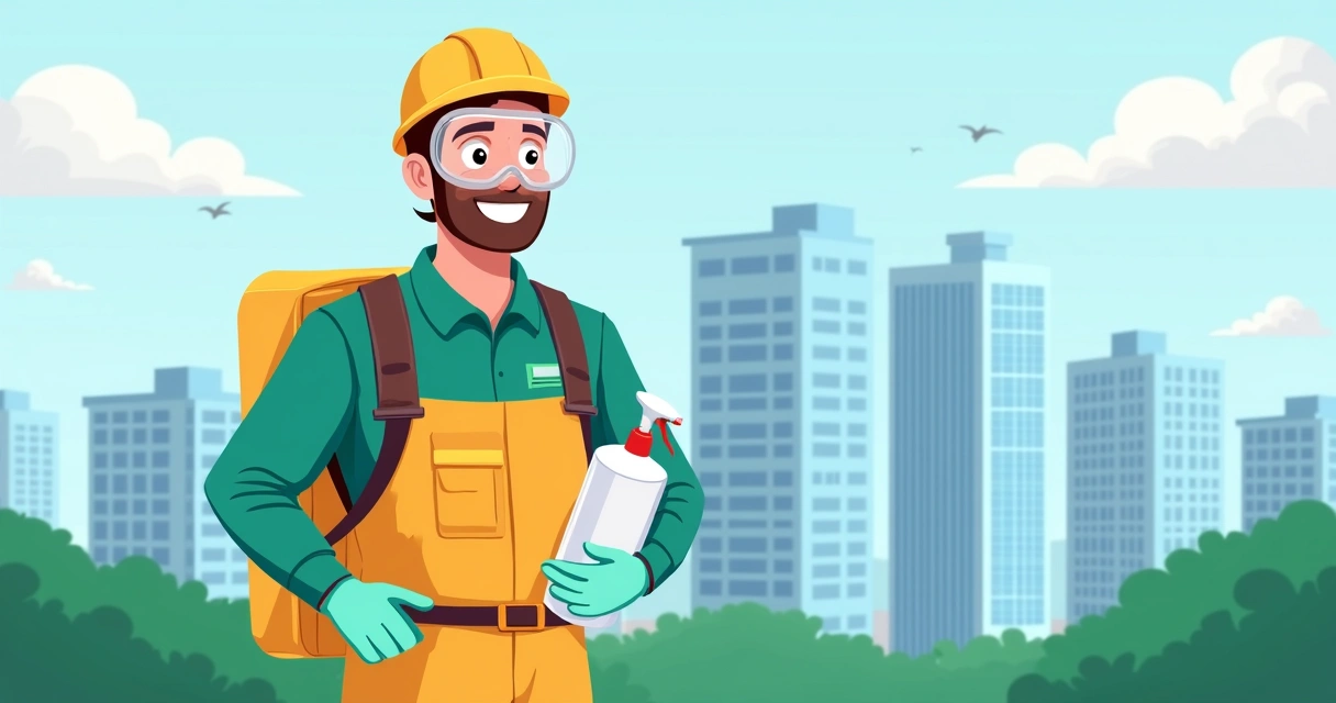 Técnico de dedetização sorrindo segurando equipamento de proteção e produtos na frente de prédio residencial no RJ 