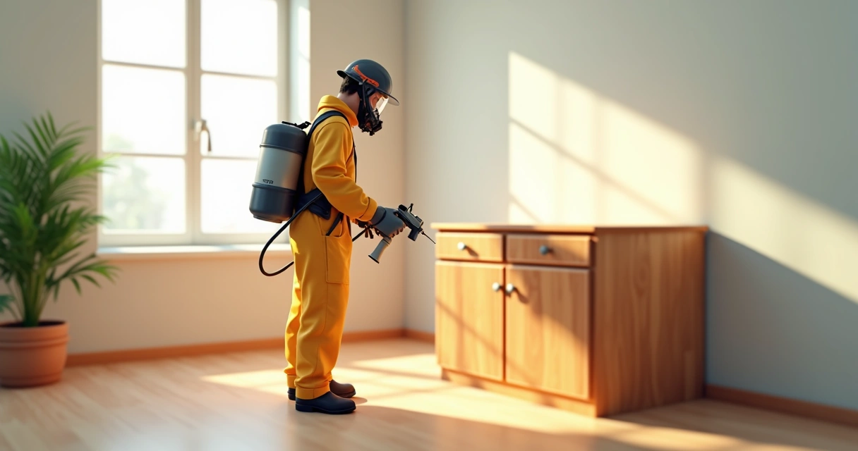 Técnico de dedetização aplicando tratamento contra cupins em móvel de madeira. 