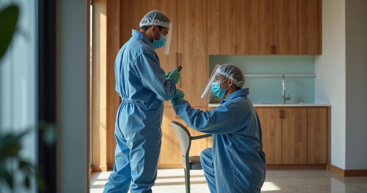 Técnico de dedetização aplicando produto em rodapé de condomínio 