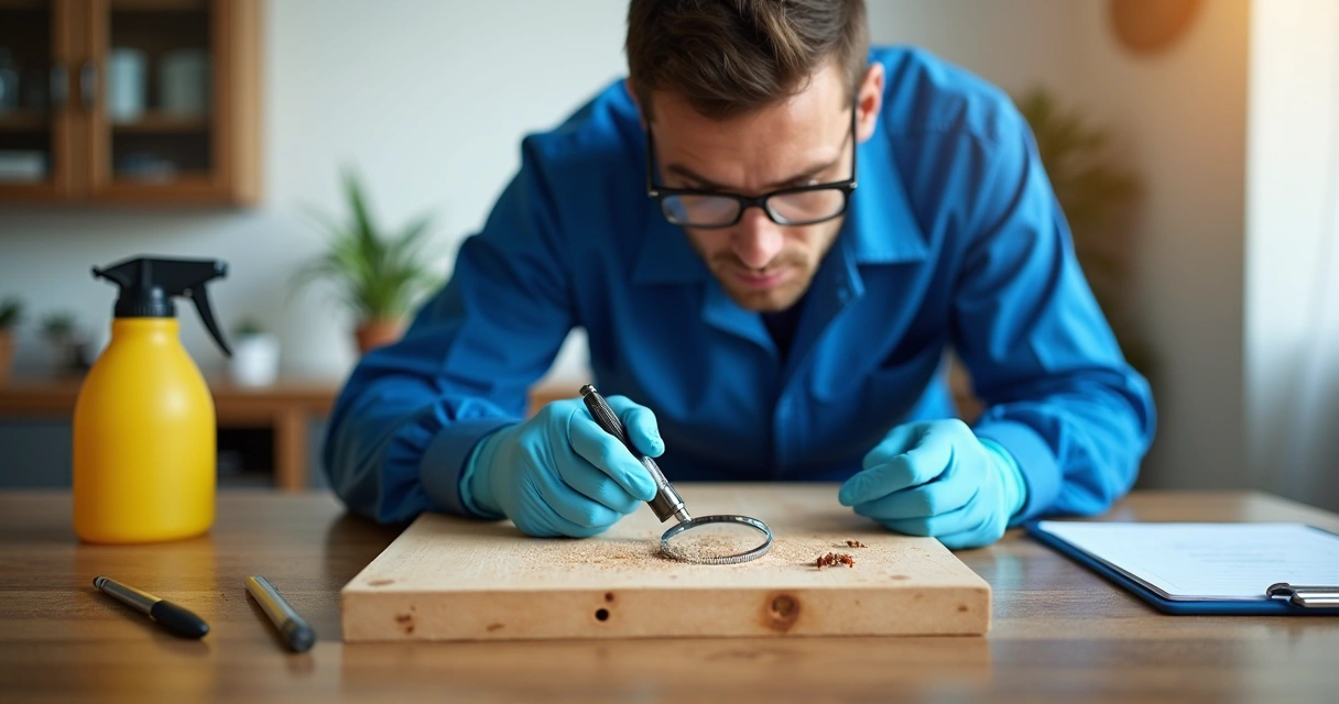 Técnico em dedetização examinando madeira com lupa 
